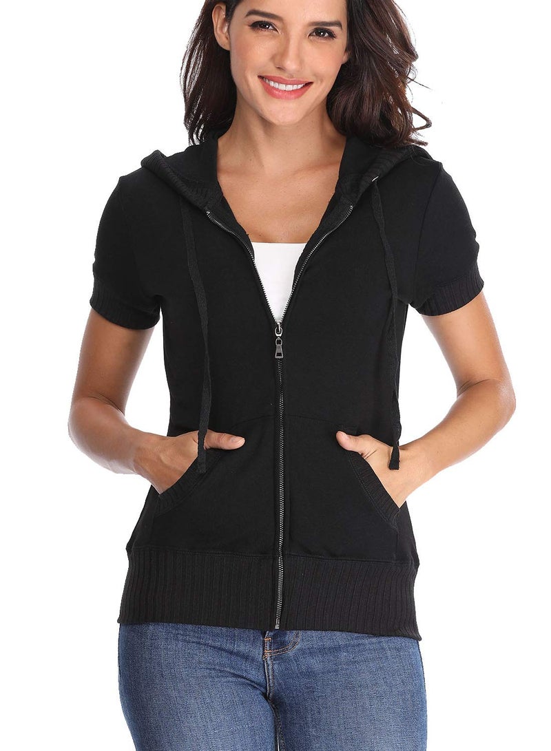 MISS MOLY Women's Short Sleeve Hoodie Full Zip Up Cotton Slim Fit Sweatshirt Kanga Pocket Black L - Image 1